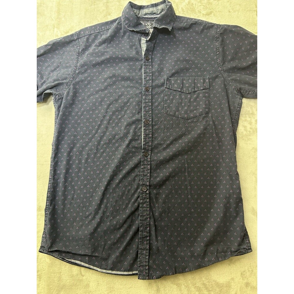 Broken Threads Mens Medium Button Up Shirt Navy Geometric Print Short Sleeve